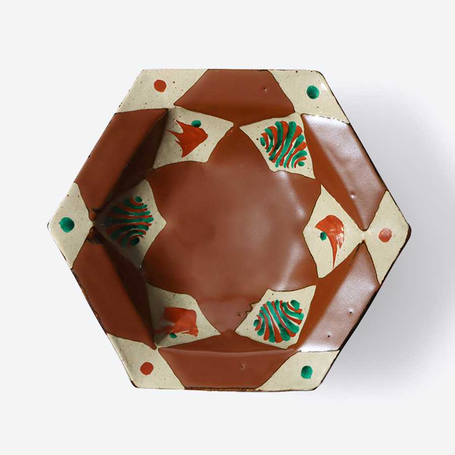 ＜濱田友緒＞濱田窯　柿釉赤絵六角鉢